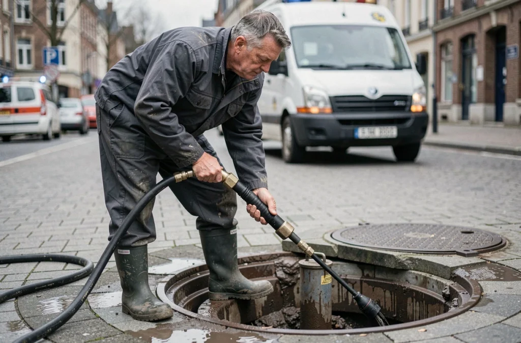 Spécialiste 35 Assainissement SARL en opération de débouchage et assainissement sur un regard à Rennes
