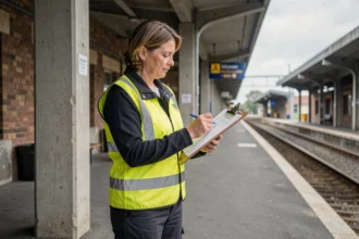 Agente de gare effectuant une inspection avec une checklist d'observation sur un quai de train