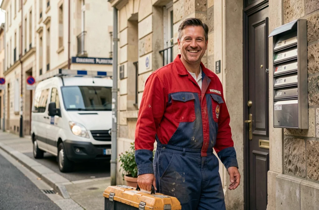 Plombier Allo Mario arrivant en intervention de dépannage plomberie à Rennes