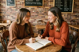 Deux amies dans un café partageant un carnet de citations manuscrites en riant ensemble