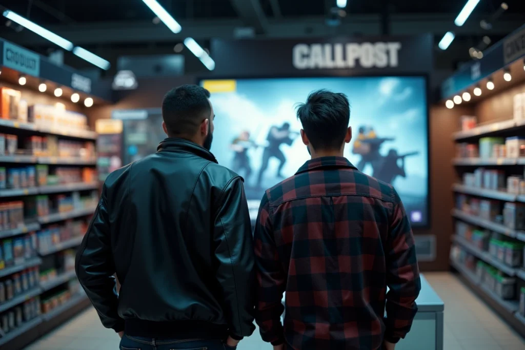 Deux amis dans un magasin de jeux vidéo devant une affiche promotionnelle pour la sortie de Battlefield 6
