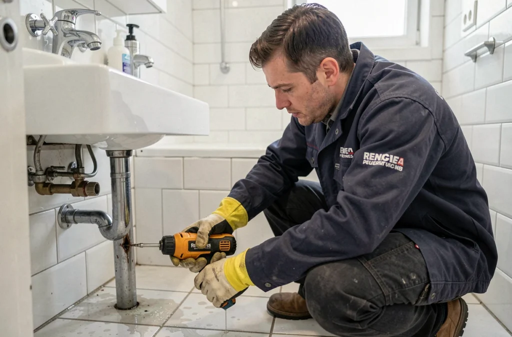 Artisan dépanneur en plomberie d'urgence intervenant sur une fuite dans une salle de bain rennaise