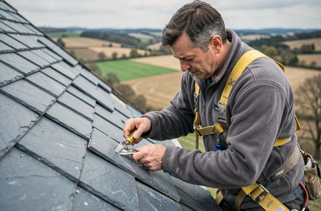 Artisan Schmitt taillant une ardoise sur mesure pour une toiture en pente
