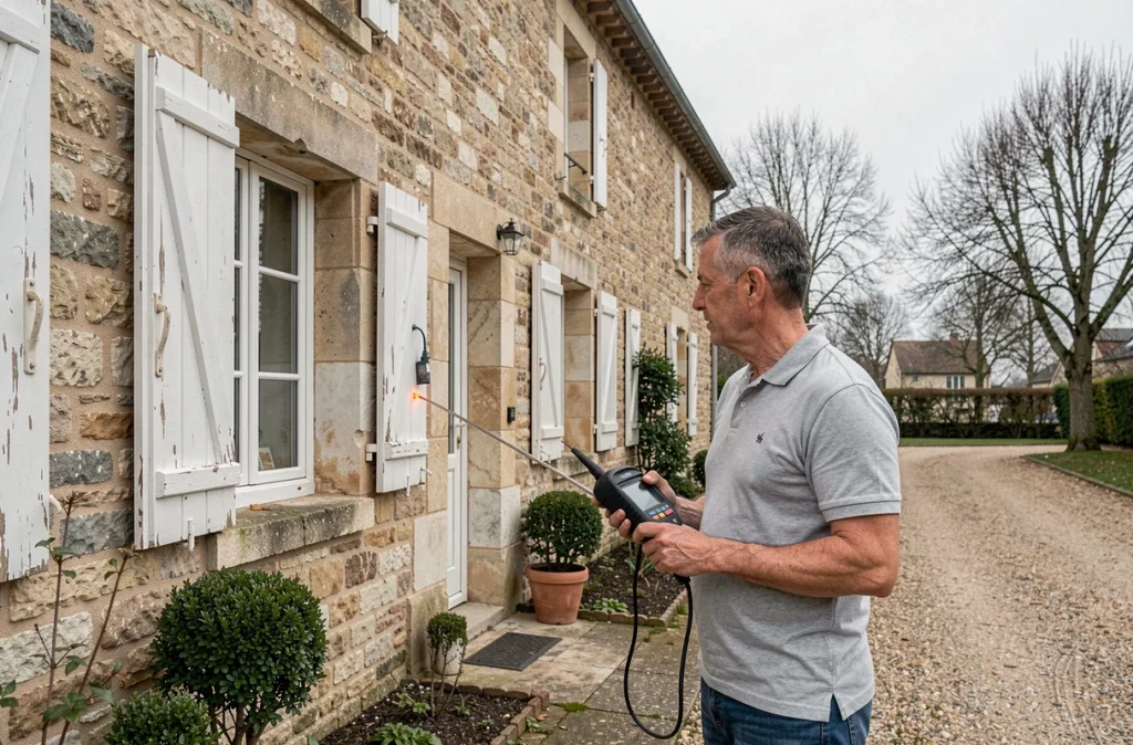 Auditeur énergétique inspectant l'isolation d'une maison ancienne en pierre lors d'un diagnostic immobilier