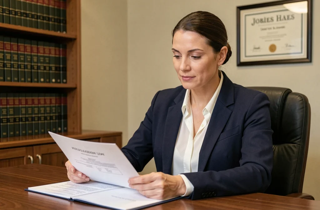 Avocate spécialisée en droit de la famille et successions consultant un dossier à son bureau