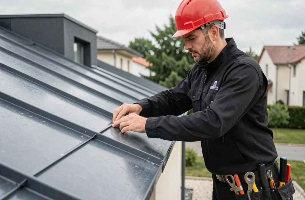 Artisan d'Axium 82 fixant des panneaux de toiture métallique à joints debout