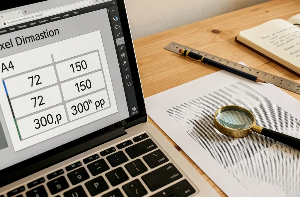 Écran d'ordinateur affichant un calculateur de résolution pixels A4 en DPI à côté d'une feuille imprimée avec loupe sur bureau