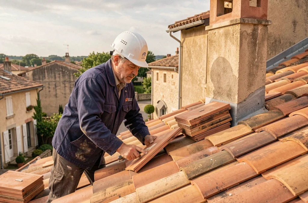 Artisan couvreur de CD Rénovation posant des tuiles sur une toiture résidentielle