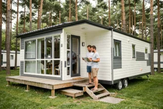 Couple comparant des marques de mobil-homes devant un modèle moderne installé dans un camping verdoyant entouré de pins