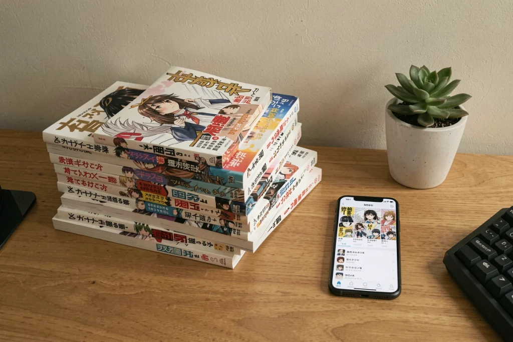 Comparaison entre volumes manga physiques et application de lecture manga numérique sur smartphone