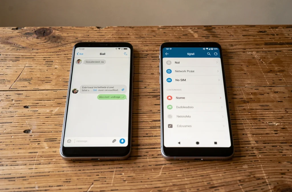 Deux smartphones Android côte à côte comparant un SMS bloqué par contact et une panne réseau sur table en bois
