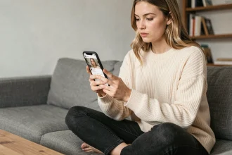 Jeune femme consultant les stories Instagram sur son smartphone depuis son canapé, illustrant la question de la confidentialité des visionnages sur les réseaux sociaux