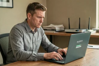 Homme frustré devant un ordinateur portable avec une connexion lente au logiciel Avocat, routeur visible en arrière-plan dans un bureau à domicile