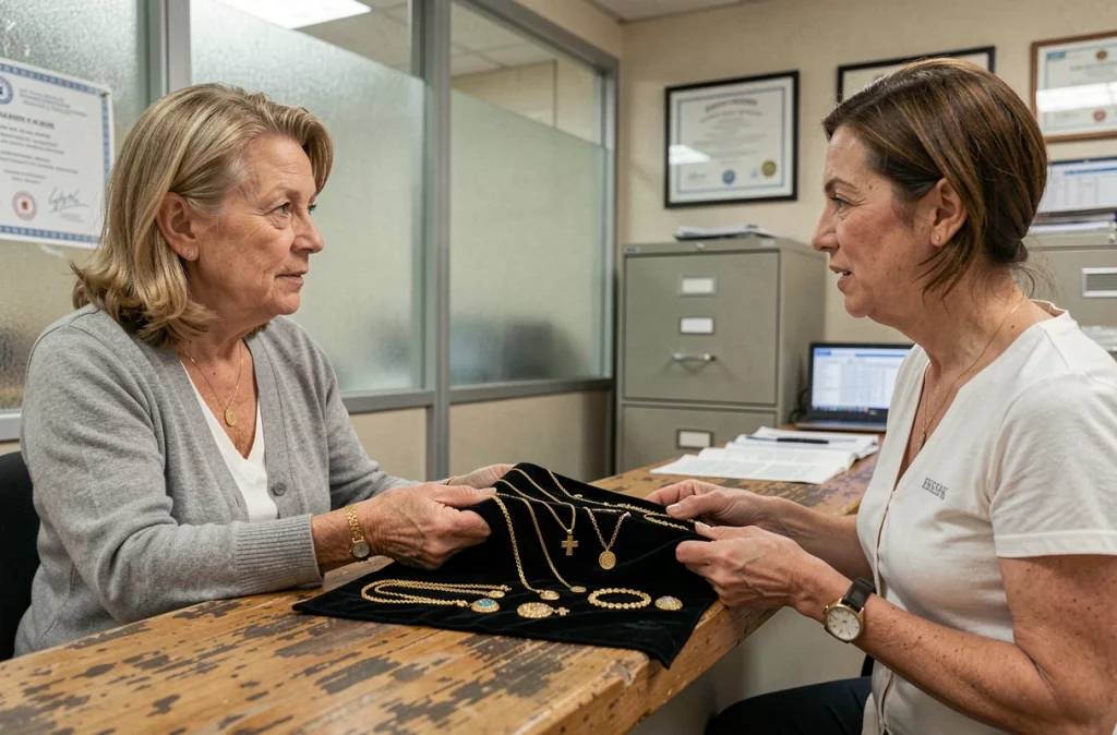 Femme consultant un expert douanier pour identifier des bijoux en or étrangers sans poinçon visible