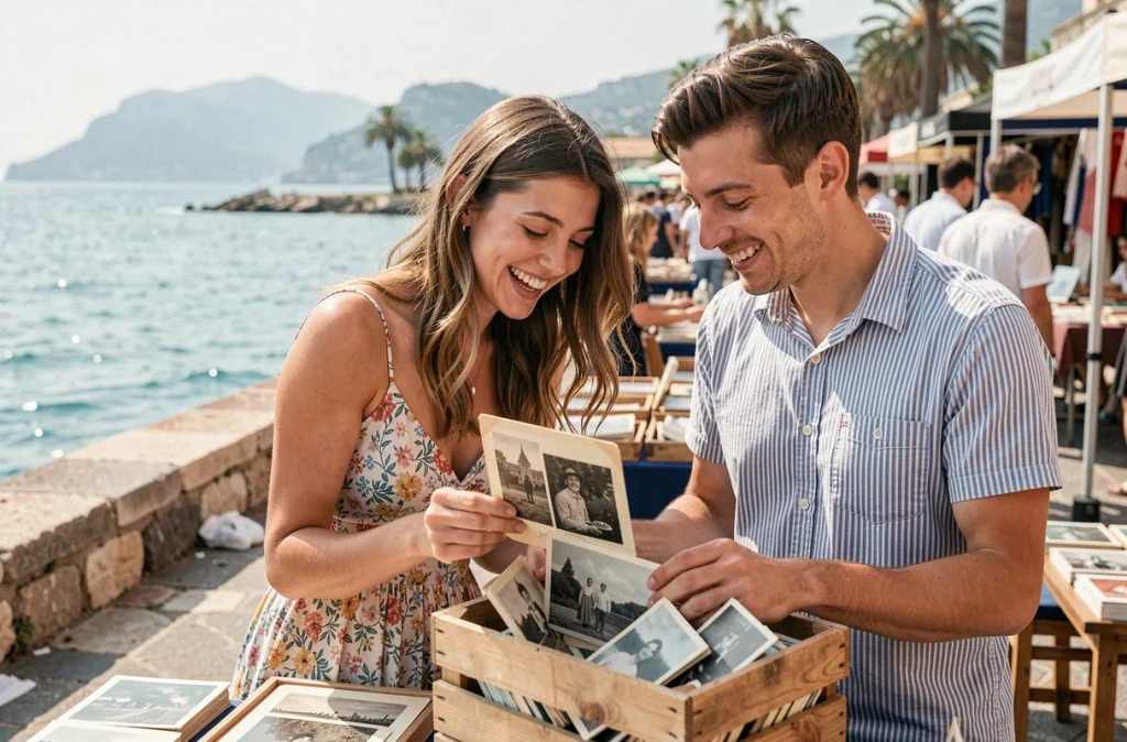 Couple découvrant de vieilles cartes postales dans un vide grenier en bord de mer dans les Alpes-Maritimes