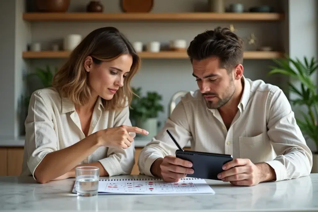 Couple discutant de la solution de Rooms et Exits sur smartphone autour d'un comptoir en marbre avec un carnet de notes