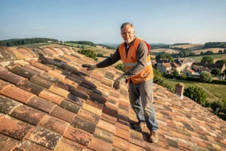 Couvreur professionnel sur un toit en tuiles en Tarn-et-Garonne avec vue sur la campagne