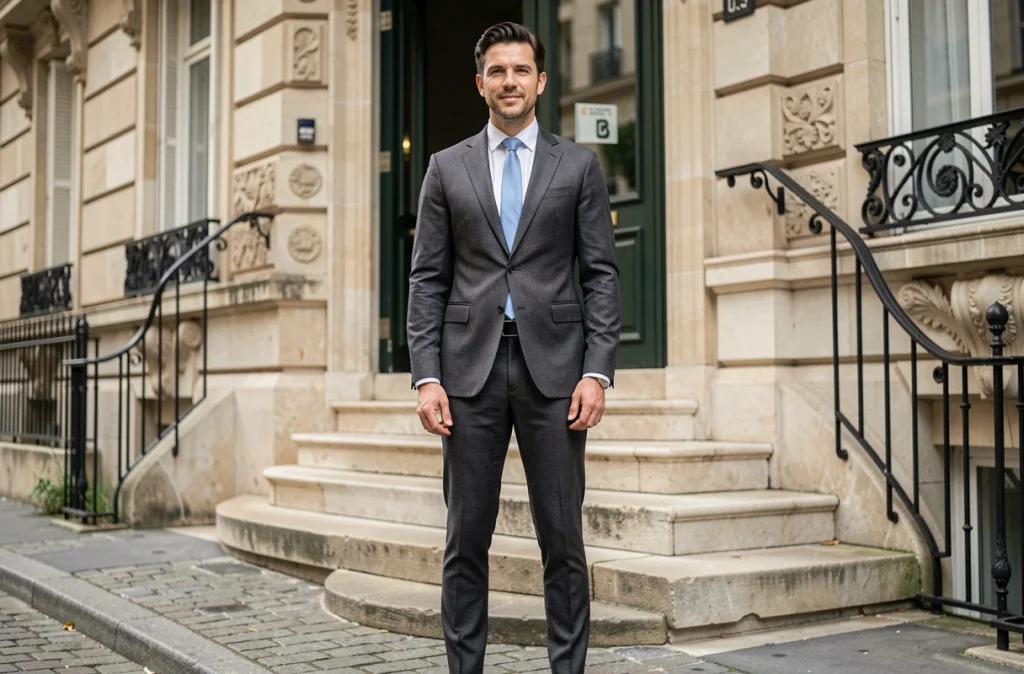 Homme de médias français élégant devant un bâtiment parisien, évoquant le parcours professionnel de David Doukhan