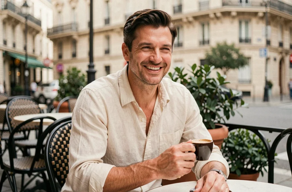 Journaliste français détendu en terrasse de café parisien, illustrant la vie hors antenne de David Doukhan