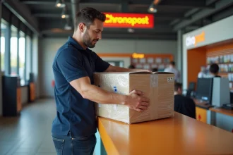 Homme déposant un gros colis emballé avec du papier bulle au comptoir Chronopost