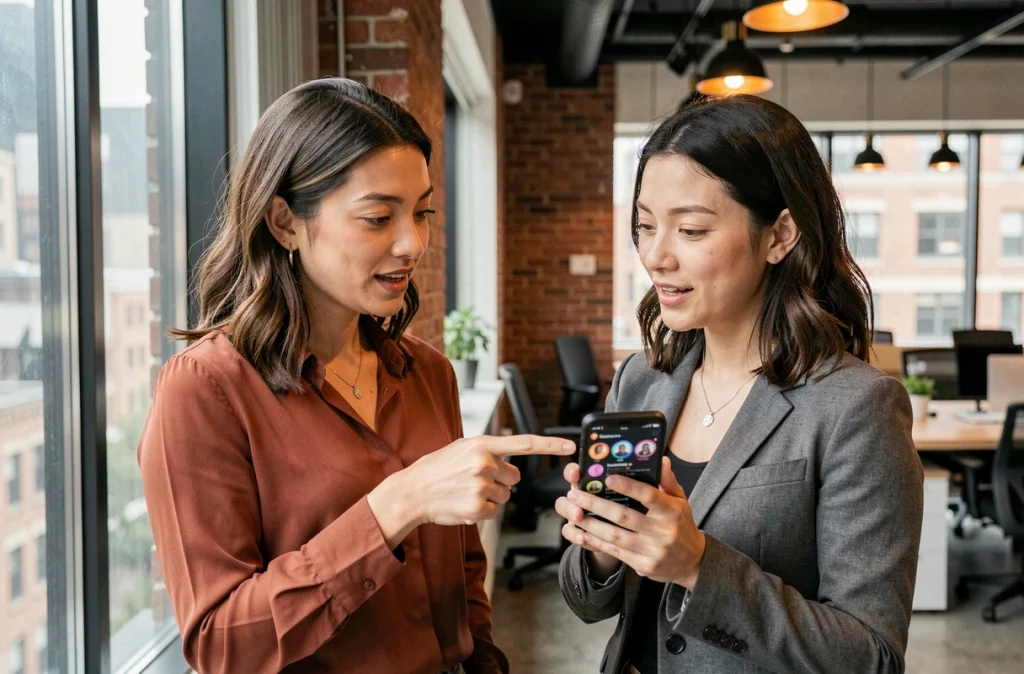 Deux femmes discutant de la confidentialité des stories Instagram sur un smartphone dans un espace de coworking, illustrant les enjeux de la vie privée sur les réseaux sociaux