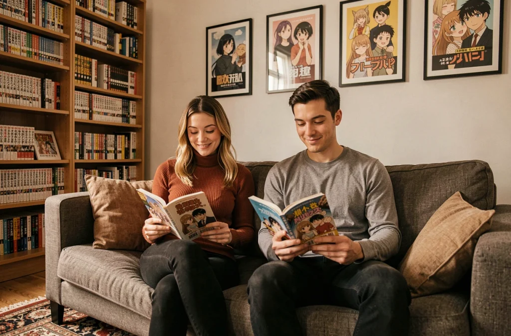 Deux jeunes adultes lisant des mangas en version française côte à côte dans un salon avec une grande bibliothèque de mangas en arrière-plan