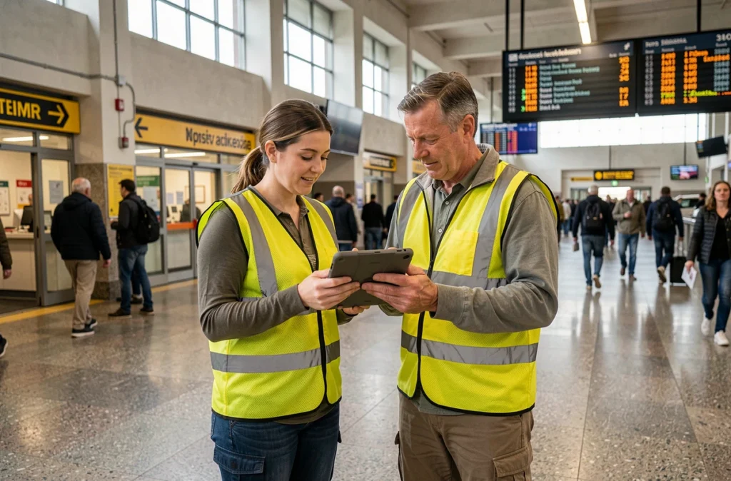Équipe de deux agents de gare consultant une checklist d'observation numérique dans le hall d'une gare