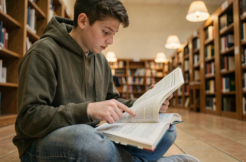 Étudiant assis par terre dans une bibliothèque consultant un manuel de grammaire française pour apprendre les règles d'orthographe