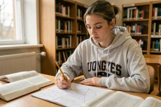 Étudiante calculant une équation réduite de tangente sur du papier millimétré dans une bibliothèque universitaire