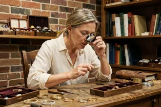 Bijoutière examinant un anneau en or non poinçonné à la loupe dans un atelier de joaillerie vintage