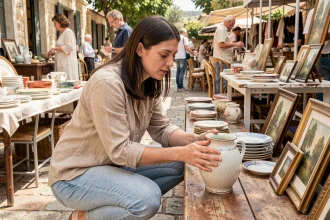 Femme chinant un vase ancien sur un vide grenier en plein air dans les Alpes-Maritimes