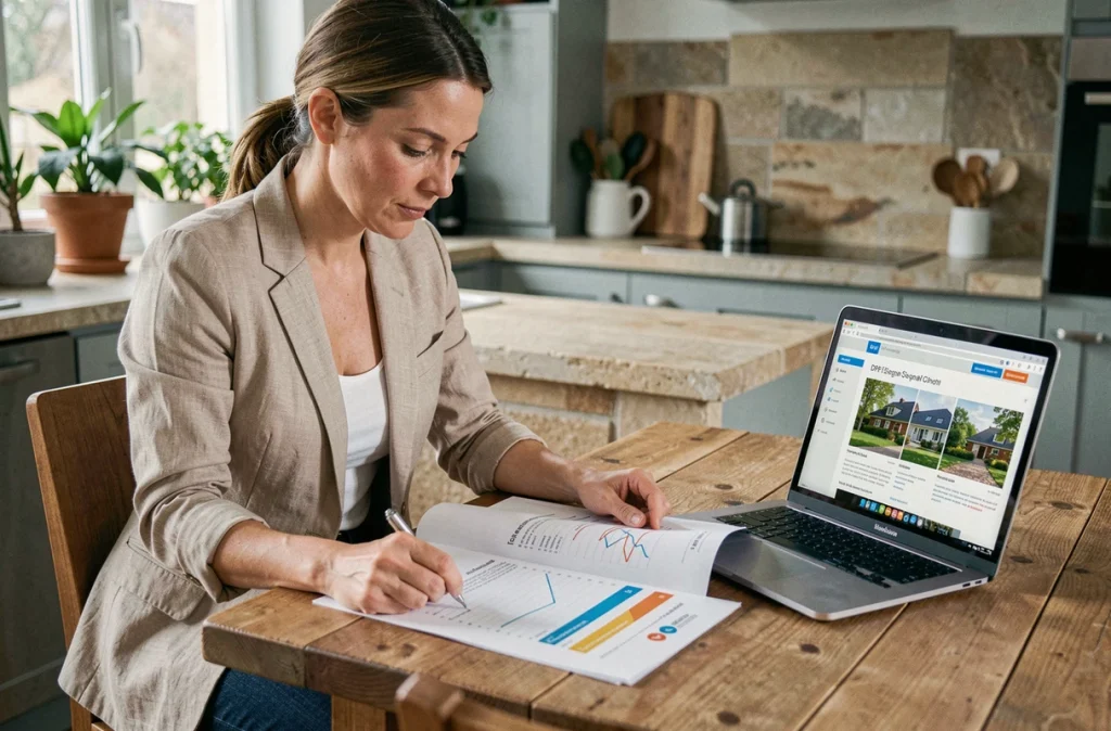 Femme étudiant un rapport de diagnostic énergétique DPE pour un achat immobilier à domicile