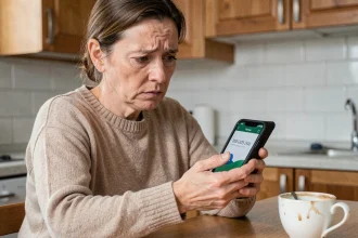 Femme inquiète regardant un numéro de téléphone inconnu sur son smartphone, démarchage téléphonique Amazon