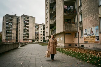 Femme marchant seule sur une esplanade du quartier du Mirail à Toulouse, entourée de barres d'immeubles en béton brutalist