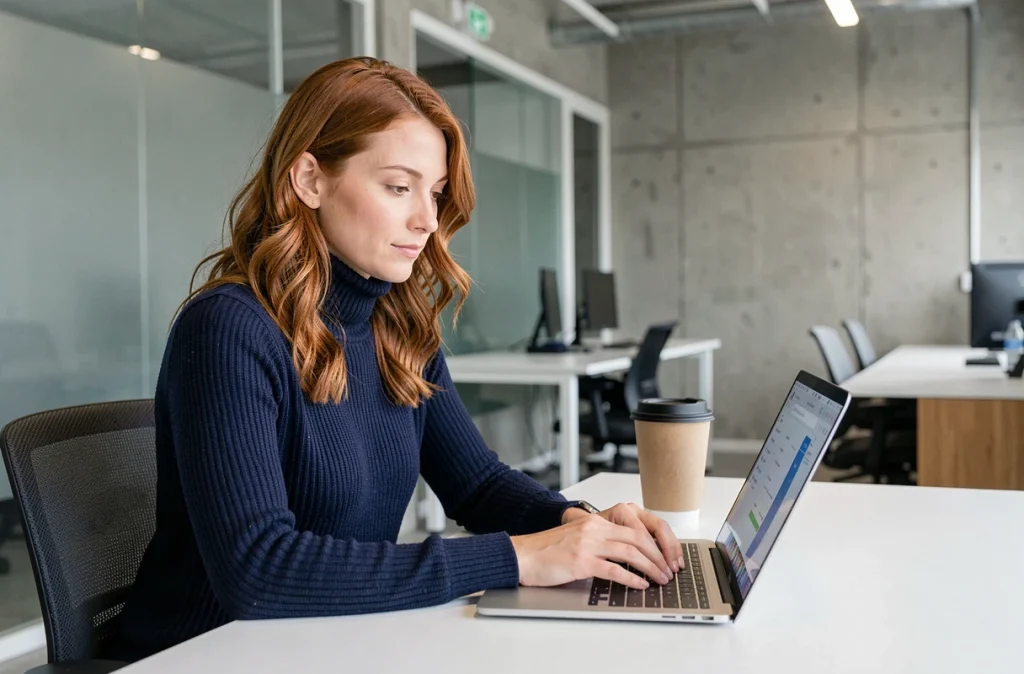 Femme naviguant de manière sécurisée et anonyme sur internet dans un espace de coworking moderne avec un navigateur privé