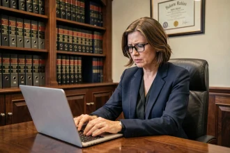 Femme notaire en blazer marine tapant un email professionnel dans un bureau notarial avec bibliothèque juridique