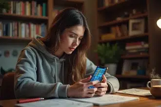 Femme concentrée résolvant des énigmes du jeu Rooms et Exits sur smartphone avec notes et carte posées sur un bureau en bois