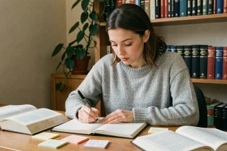 Jeune femme concentrée écrivant dans un cahier entourée de livres de grammaire française pour réviser l'orthographe