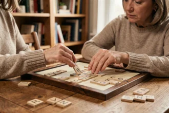 Femme adulte plaçant une lettre sur un plateau de Scrabble en bois, stratégie de jeu pour optimiser le score