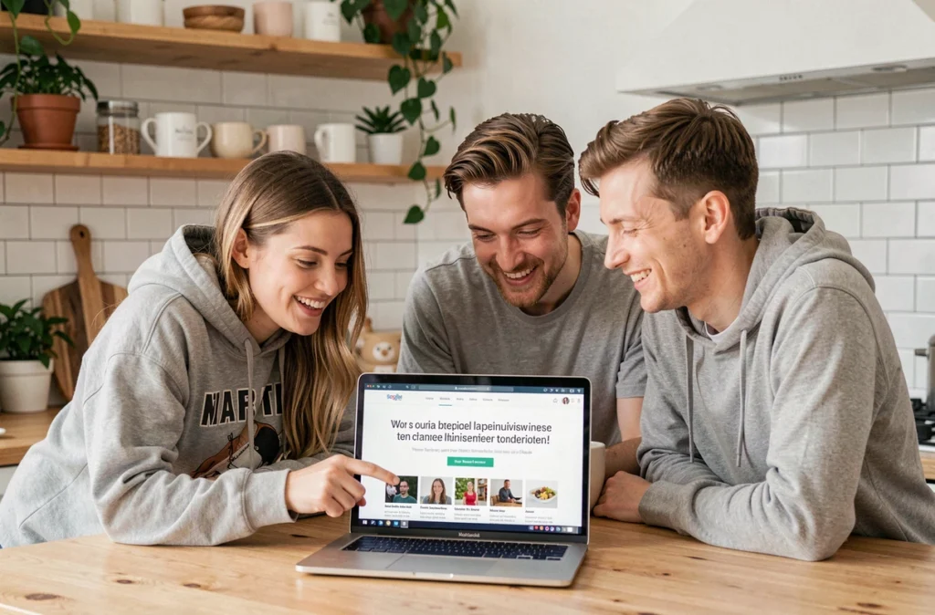 Trois amis cherchant ensemble des citations sur l'amitié sur un ordinateur portable dans une cuisine moderne