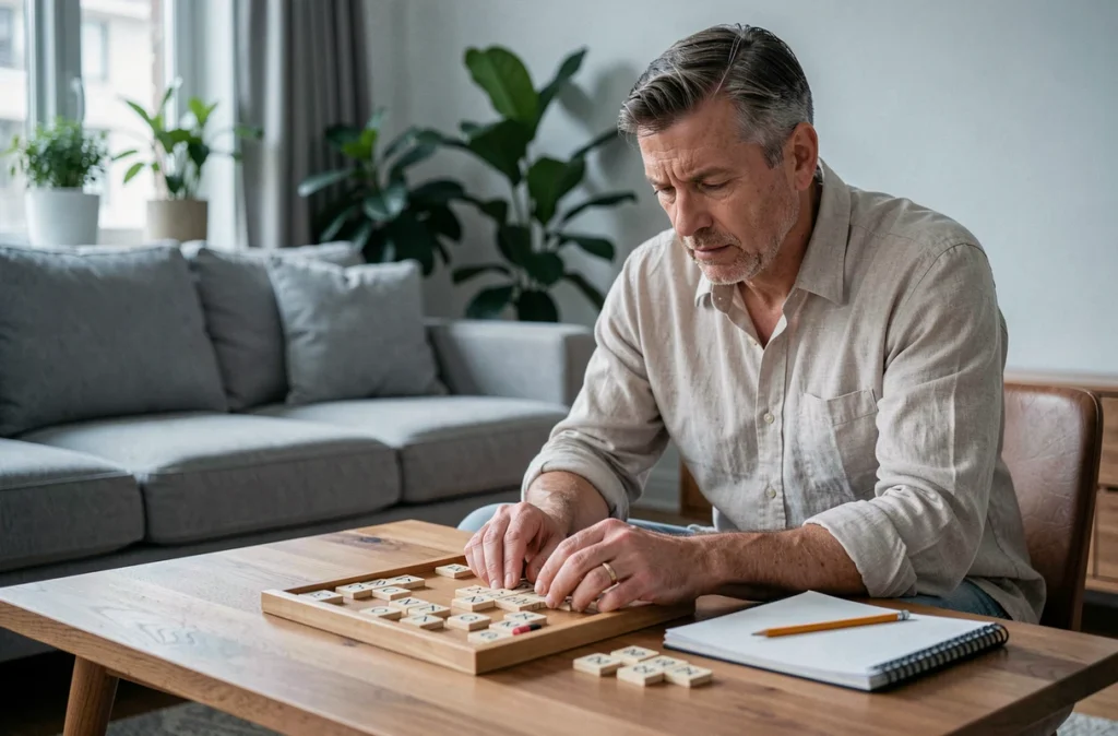 Homme adulte analysant ses lettres de Scrabble sur un porte-lettres en bois pour choisir le mot optimal