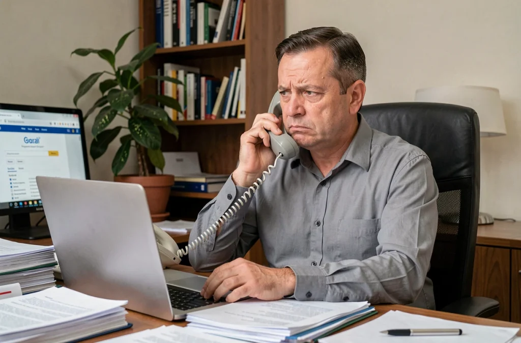Homme au bureau tenant un téléphone fixe avec une expression sceptique face à un appel suspect de démarchage