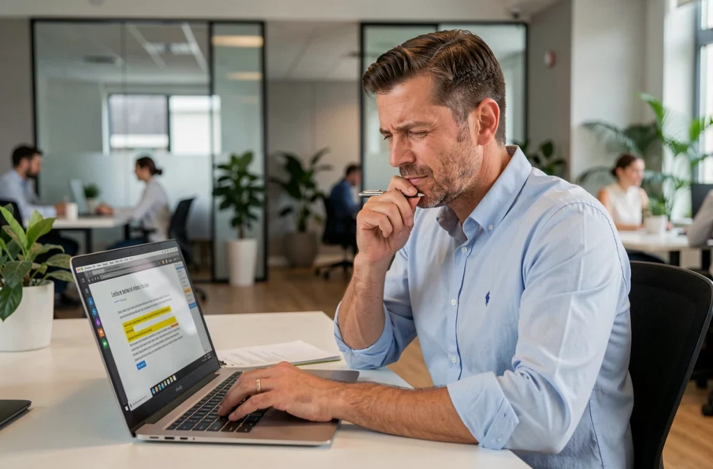 Homme au bureau relisant attentivement un document texte en français sur ordinateur portable pour corriger l'orthographe