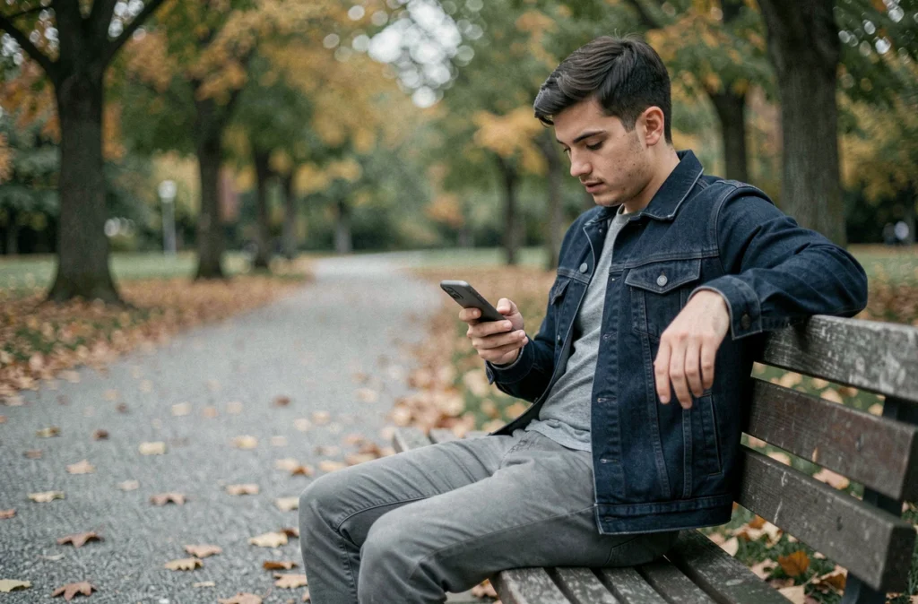Jeune homme lisant des citations sur son téléphone assis seul sur un banc de parc en automne