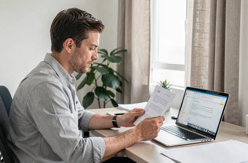 Homme lisant un courrier de notaire à son bureau à domicile avec brouillon d'email ouvert sur ordinateur portable