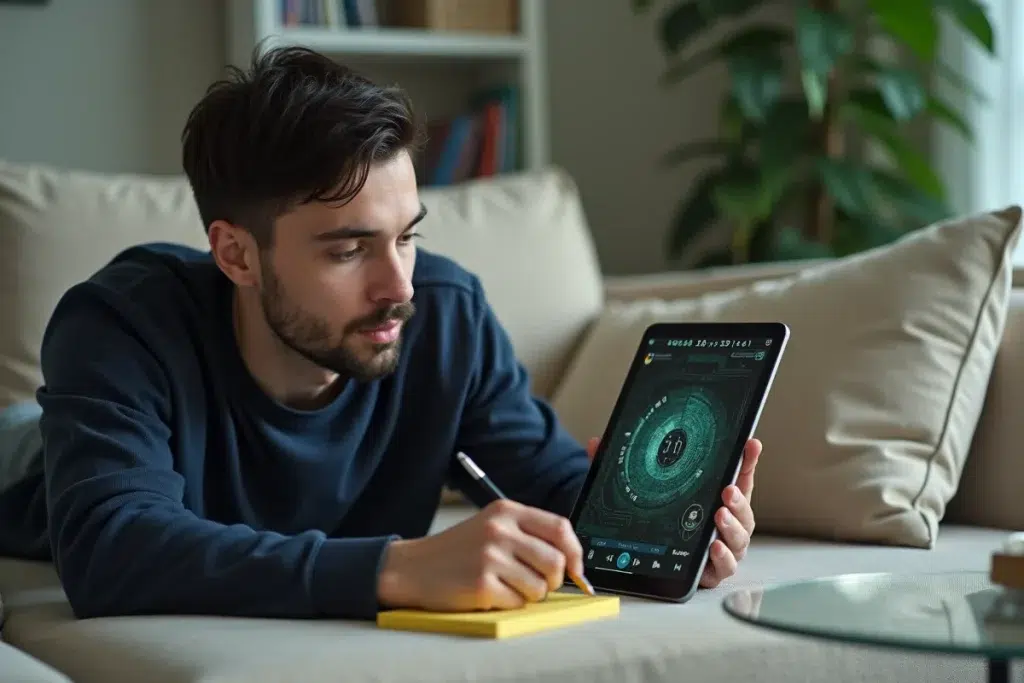 Homme allongé sur un canapé jouant à Rooms et Exits sur tablette avec codes notés sur un bloc-notes jaune