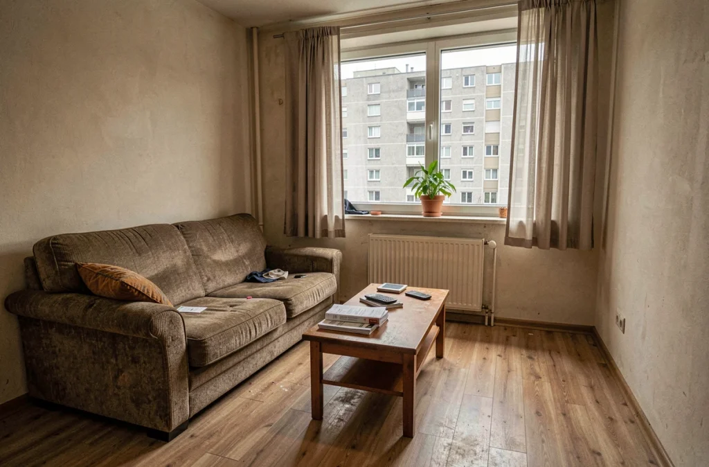 Intérieur d'un appartement HLM modeste au Mirail de Toulouse avec vue sur les barres de béton depuis la fenêtre