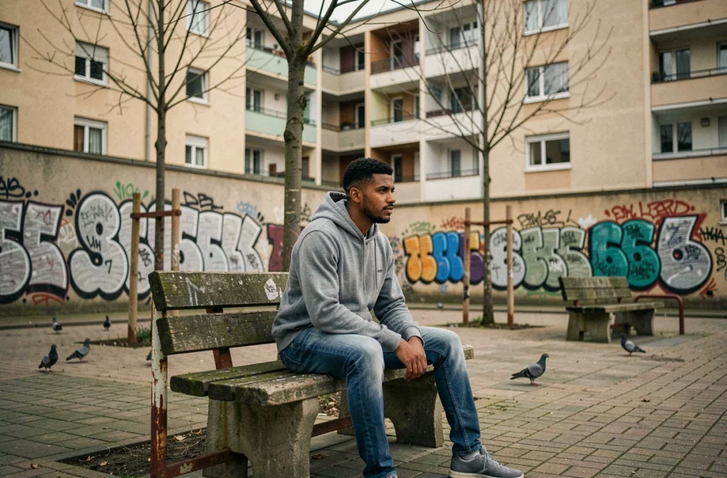 Jeune homme assis dans une cour intérieure d'une cité HLM à Toulouse avec des immeubles et des tags en arrière-plan
