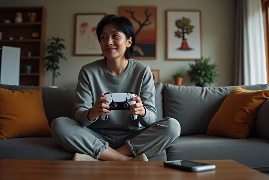 Joueuse tenant une manette PS5 en attendant la date de sortie de Battlefield 6 sur console