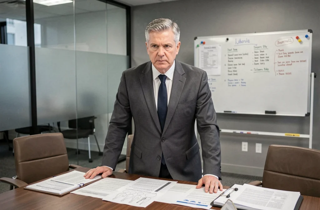 Avocat spécialisé en dommage corporel et droit médical debout devant des documents de cas à Tourcoing